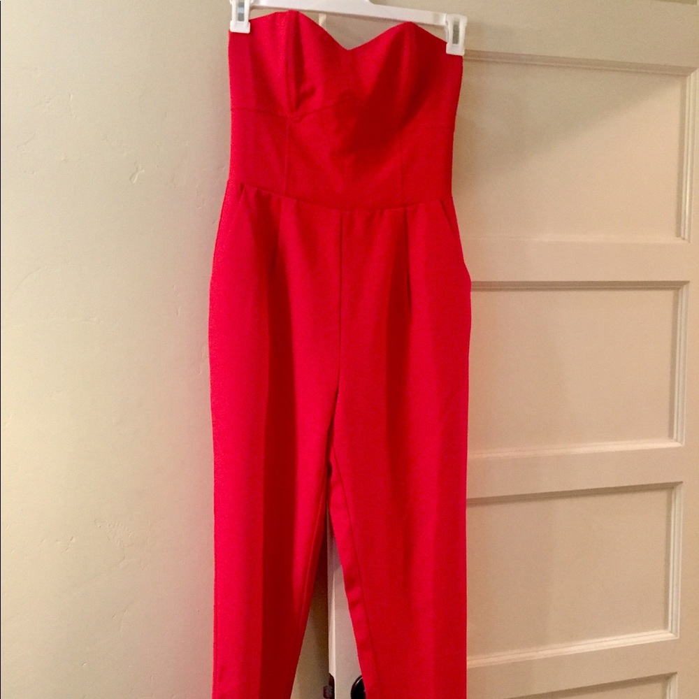 Red strapless jumpsuit